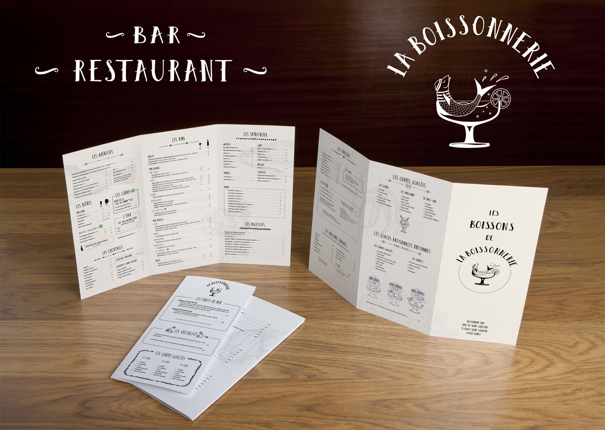 La Boissonerie. Création de l’identité visuel pour le restaurant La Boissonerie : logo, menu, carte des boissons, devanture.