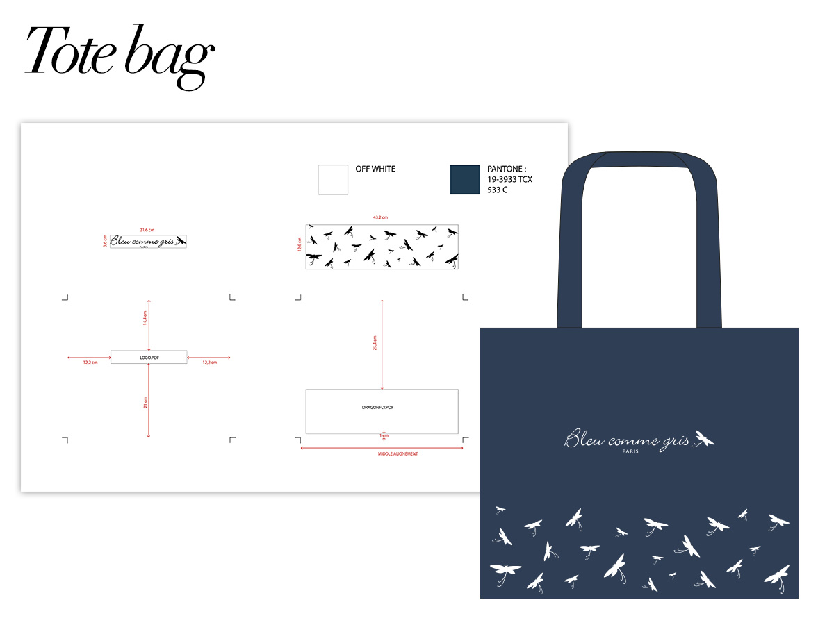 Tote bag. Création du visuel et fiche technique pour le nouveau tote bag de Bleu comme gris.