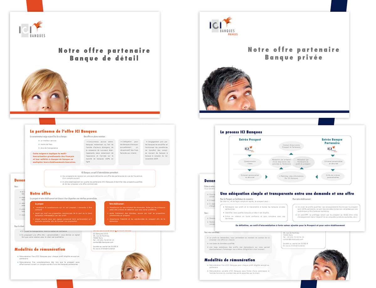 Ici Banque. Réalisation de la charte graphique print et mise en page des brochures de Ici Banque.